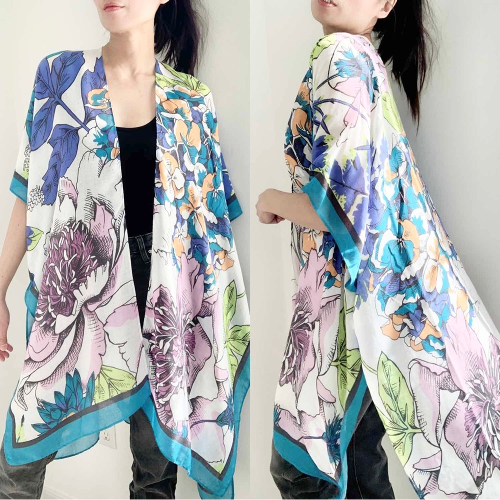 BOHO FLORAL PRINT KIMONO - TEAL - Picture 2 of 3